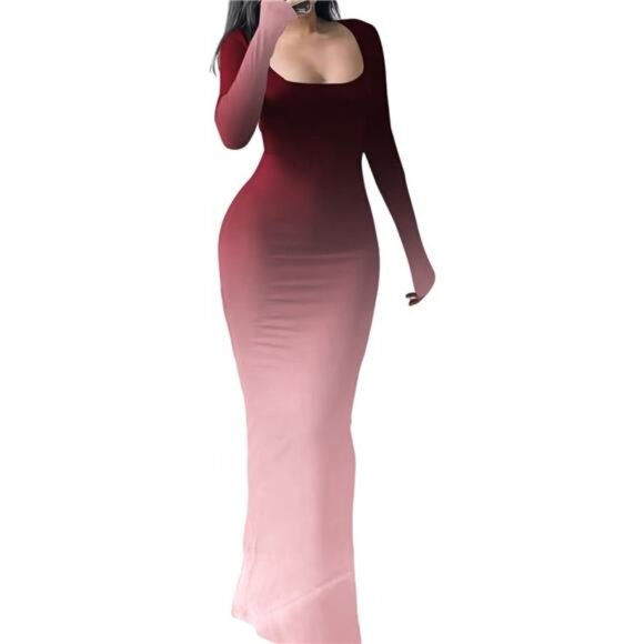 Women's Bodycon Maxi Dress Long Sleeve Red Ombre - Picture 1 of 5